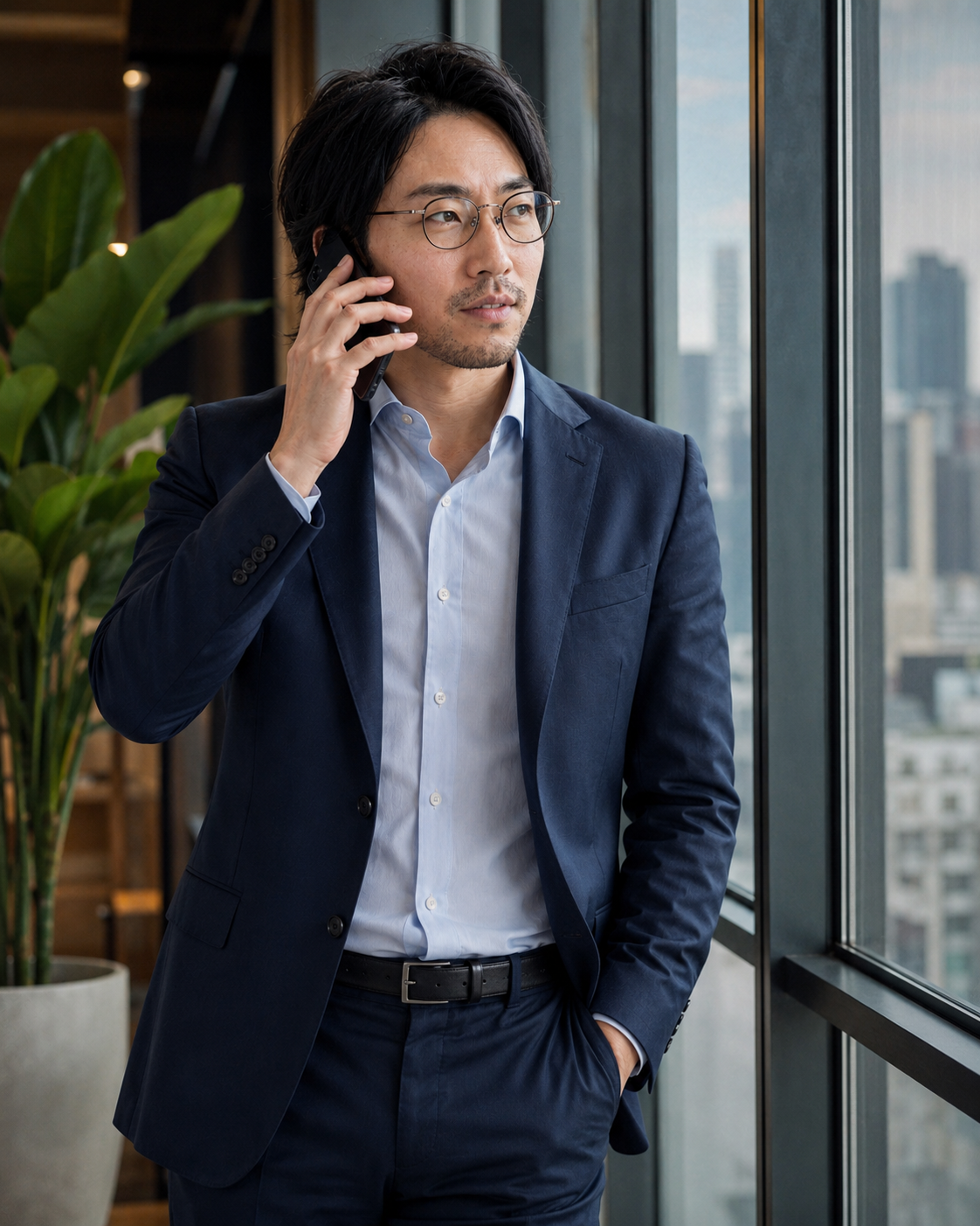 窓際で電話応対を行う柴田 冬樹氏
